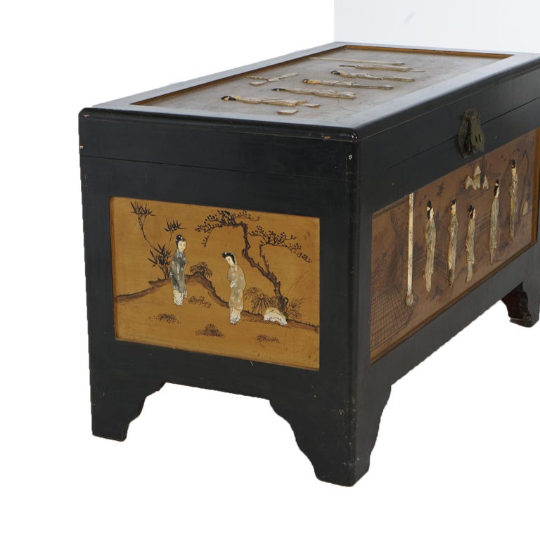 Antique Chinese Lacquered Ebonized & Gilt Blanket Chest with Mother of Pearl
