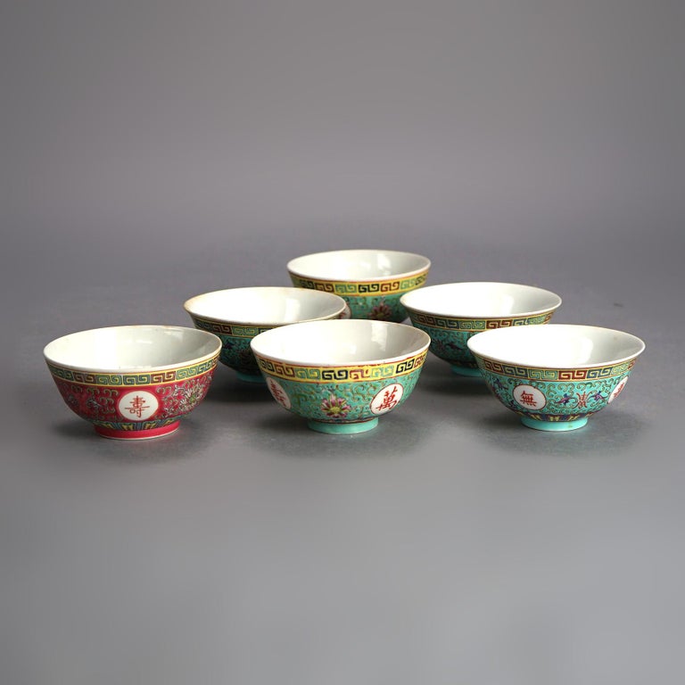 Six Antique Chinese Porcelain Enamel Decorated Rice Bowls C1910