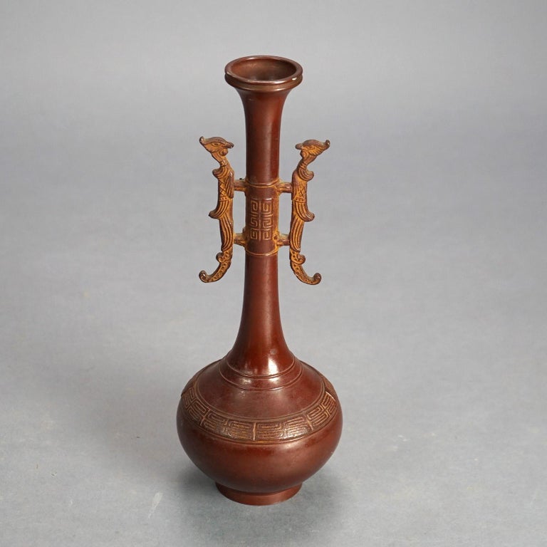 Chinese Bronze Vase with Enameled Floral Design & Dragon Handles 20thC