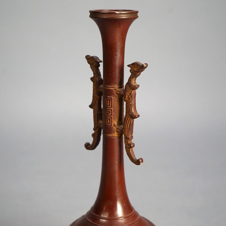 Chinese Bronze Vase with Enameled Floral Design & Dragon Handles 20thC
