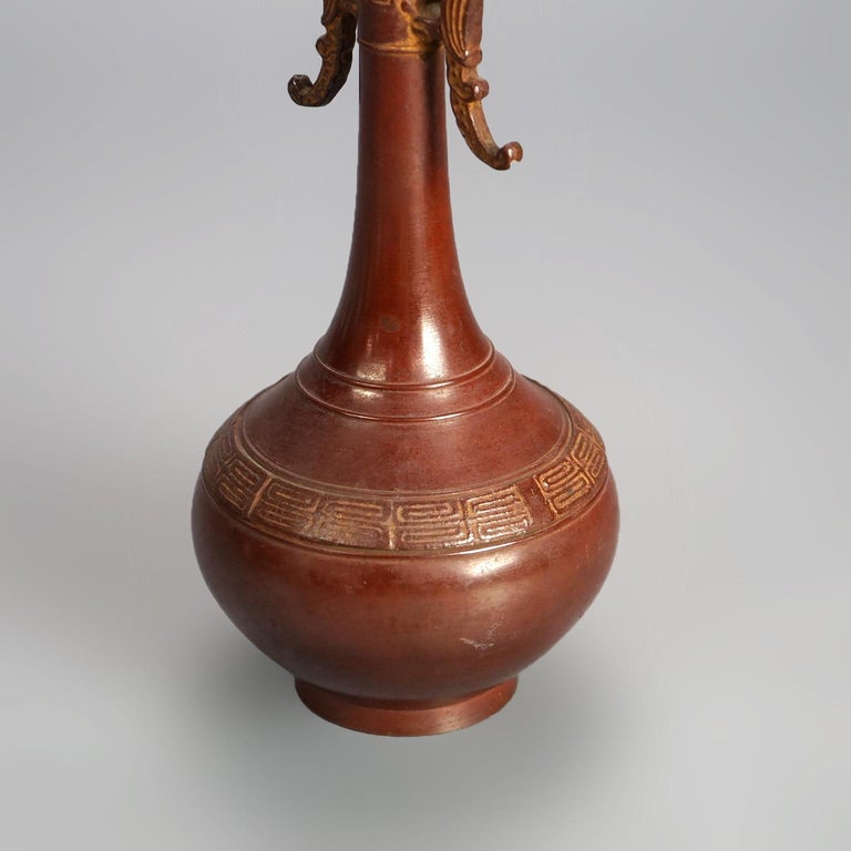 Chinese Bronze Vase with Enameled Floral Design & Dragon Handles 20thC