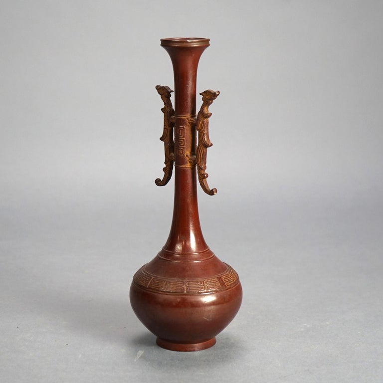 Chinese Bronze Vase with Enameled Floral Design & Dragon Handles 20thC