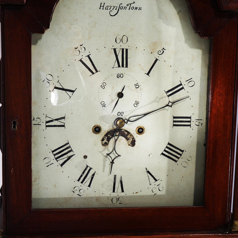 Antique English J. Carpenter Harris Town Flame Mahogany Grandfather Clock 19thC
