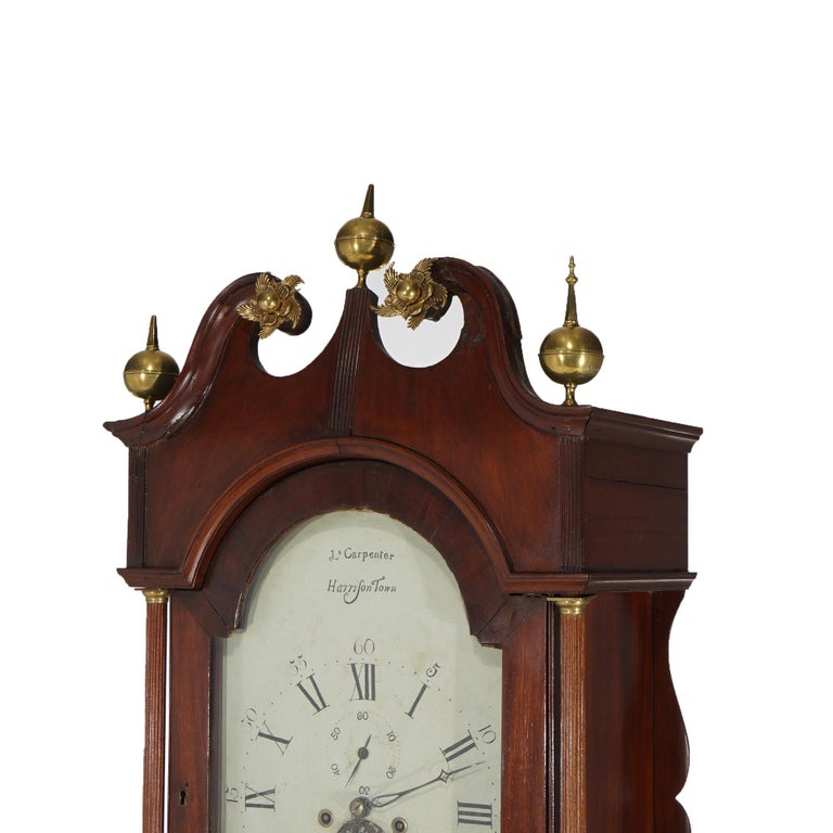 Antique English J. Carpenter Harris Town Flame Mahogany Grandfather Clock 19thC