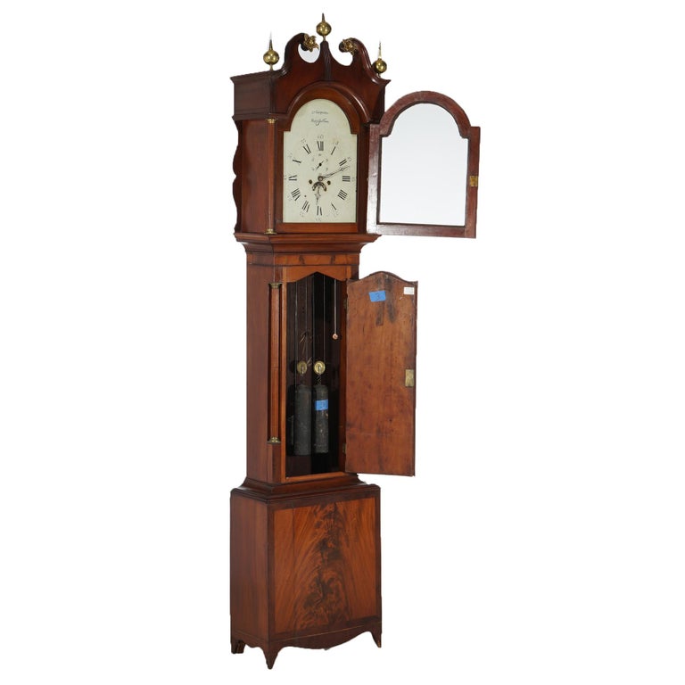 Antique English J. Carpenter Harris Town Flame Mahogany Grandfather Clock 19thC