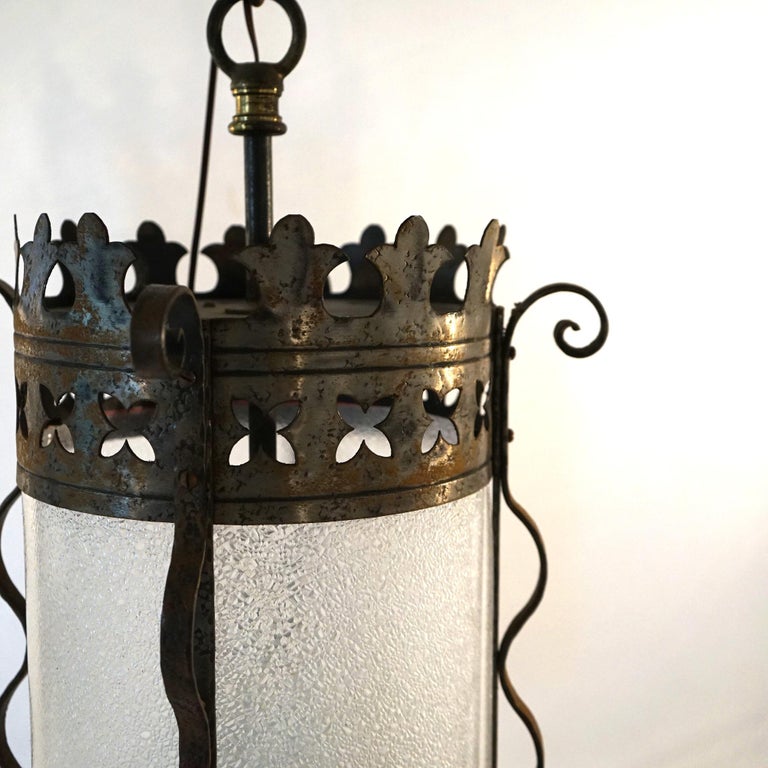 Three Gothic Yellin & Bach Style Arts & Crafts Wrought Iron Hanging Lights C1920