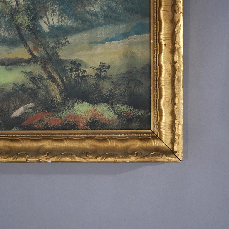 Antique Oil on Board Painting, Landscape with Mill & Water Wheel, Framed, C1900