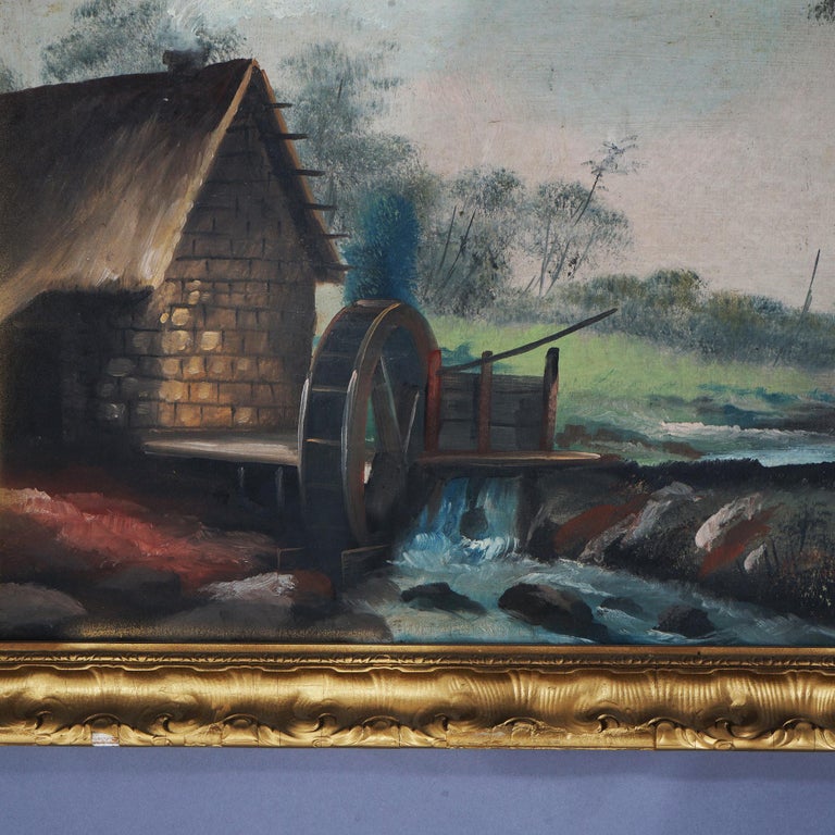 Antique Oil on Board Painting, Landscape with Mill & Water Wheel, Framed, C1900
