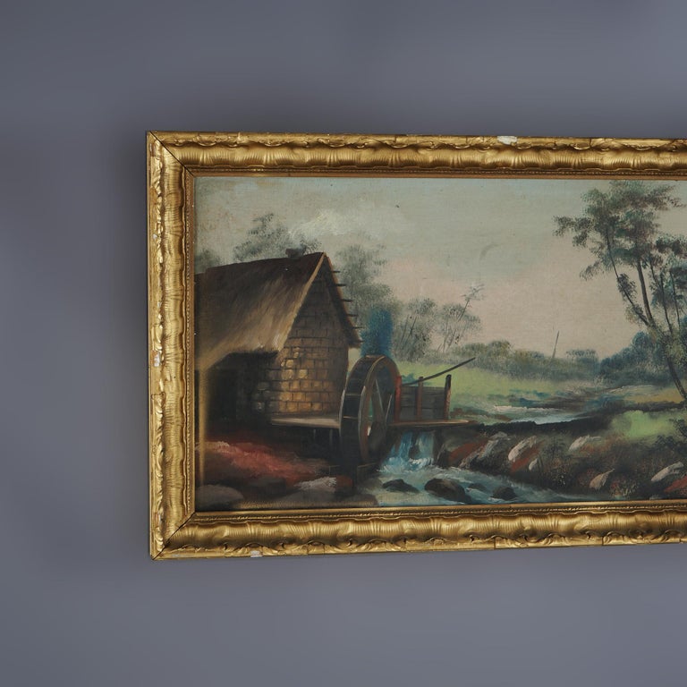 Antique Oil on Board Painting, Landscape with Mill & Water Wheel, Framed, C1900