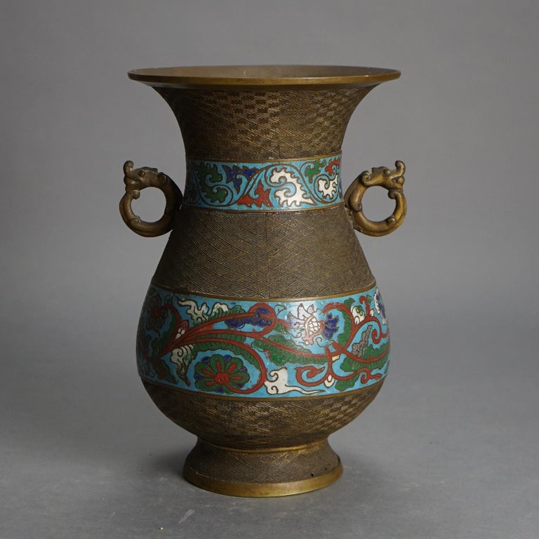 Antique Chinese Bronze Cloisonne Enameled Double Handled Vase C1910
