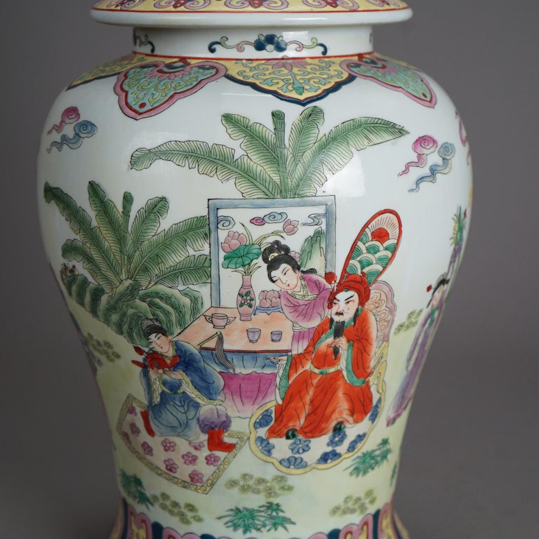 Large Porcelain Chinese Urn with Hand Enameled Decoration 20thC