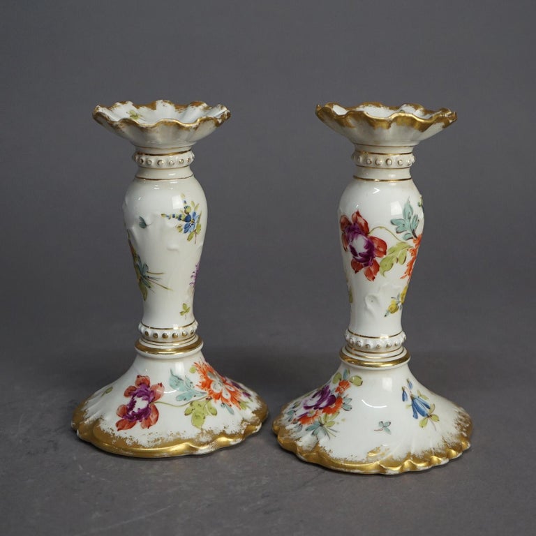 Antique German Hand Painted & Gilt Floral Porcelain Candlesticks, Berlin C1900
