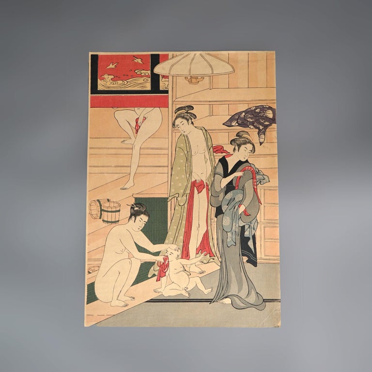 Four Antique Japanese Woodblock Prints & Antique Signed Watercolor