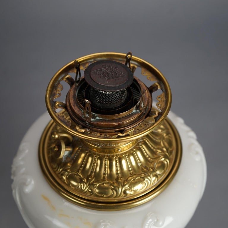 Antique Blanc De Chine Brass & Bronze Cupid Oil Lamp with Blown Out Glass c1900
