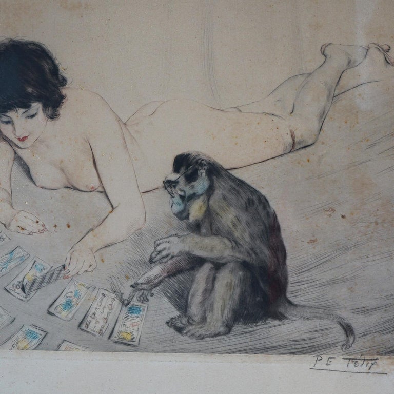 Antique French PE Felix Colored Lithograph of a Nude Playing Cards with a Monkey