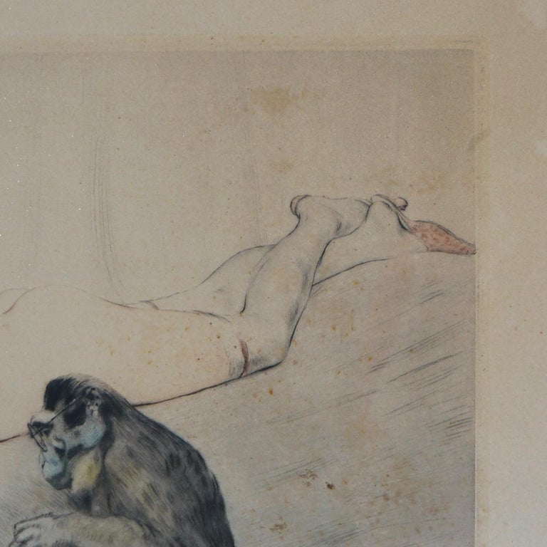 Antique French PE Felix Colored Lithograph of a Nude Playing Cards with a Monkey