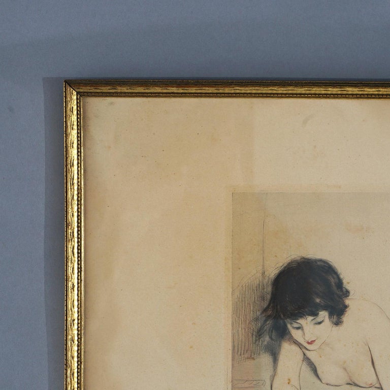 Antique French PE Felix Colored Lithograph of a Nude Playing Cards with a Monkey