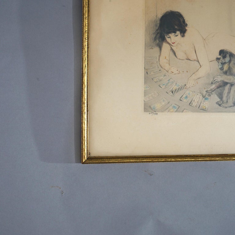 Antique French PE Felix Colored Lithograph of a Nude Playing Cards with a Monkey