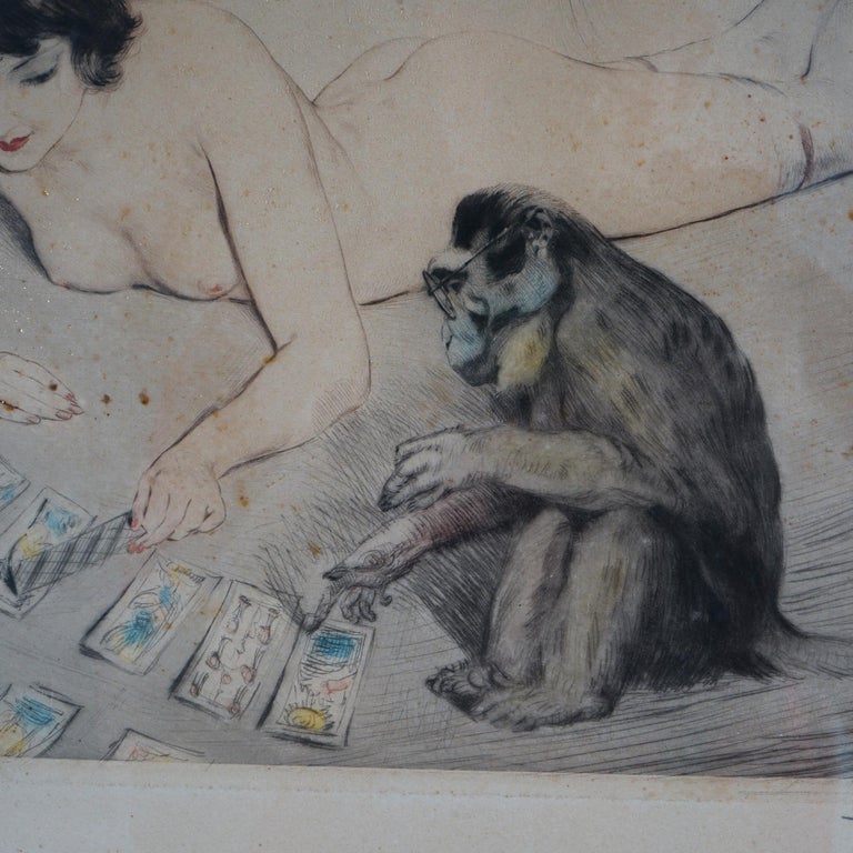 Antique French PE Felix Colored Lithograph of a Nude Playing Cards with a Monkey