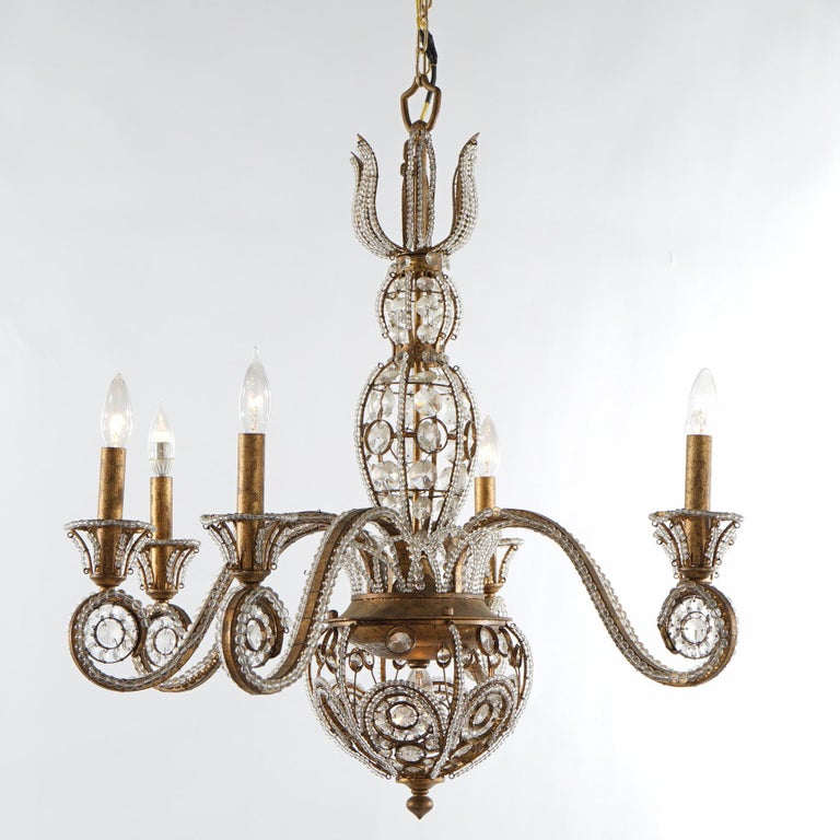 Italian Venetian Style Cut Crystal, Bead Glass & Gilt Metal Six Light Chandelier