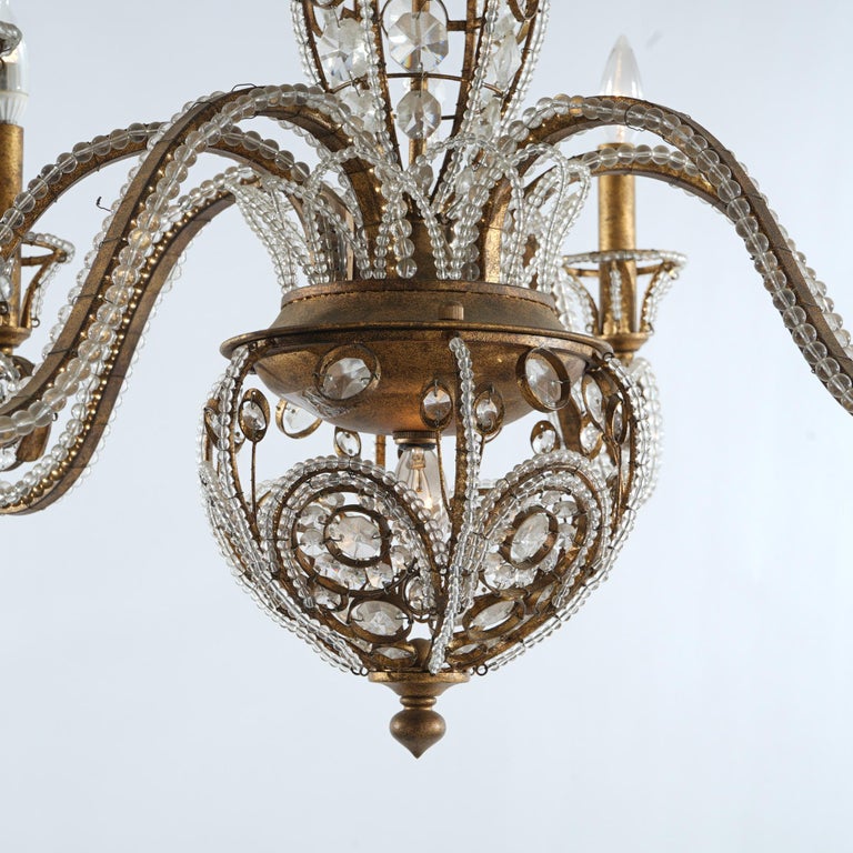 Italian Venetian Style Cut Crystal, Bead Glass & Gilt Metal Six Light Chandelier