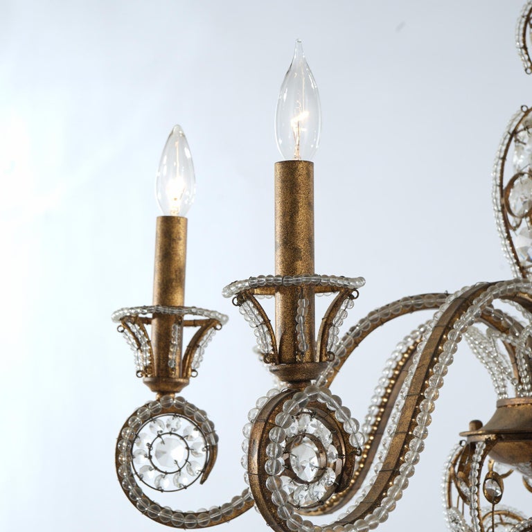 Italian Venetian Style Cut Crystal, Bead Glass & Gilt Metal Six Light Chandelier