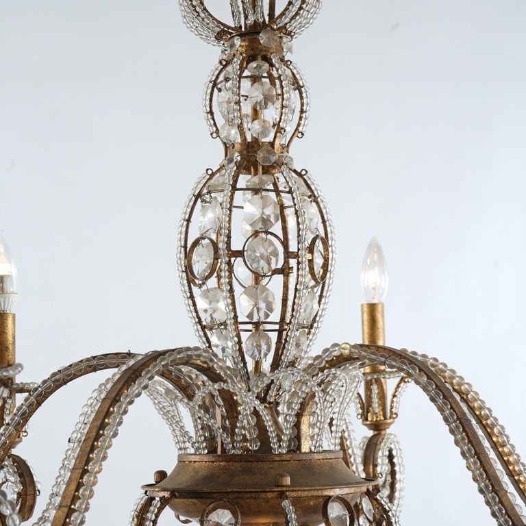 Italian Venetian Style Cut Crystal, Bead Glass & Gilt Metal Six Light Chandelier