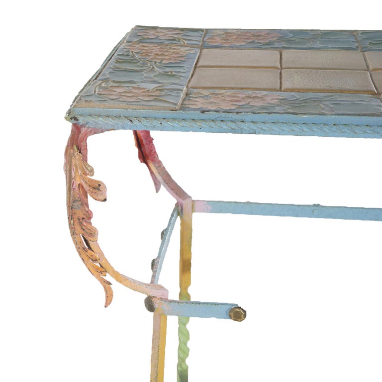 Arts & Crafts Rookwood or Grueby Pottery Tile Top Wrought Iron Table C1910