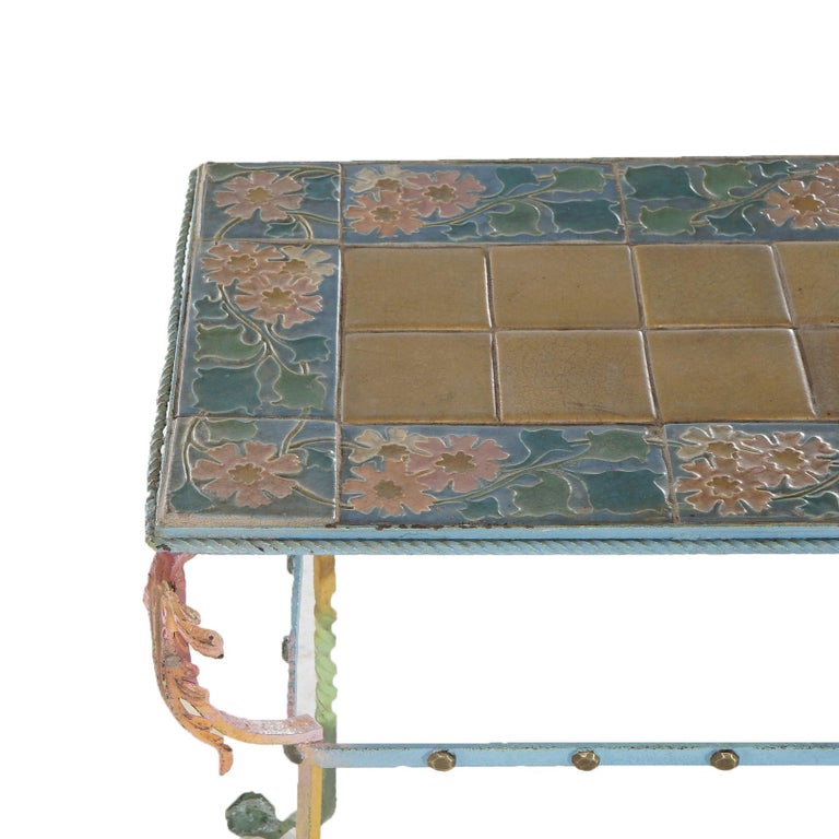 Arts & Crafts Rookwood or Grueby Pottery Tile Top Wrought Iron Table C1910