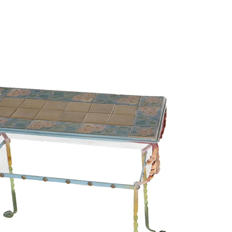 Arts & Crafts Rookwood or Grueby Pottery Tile Top Wrought Iron Table C1910