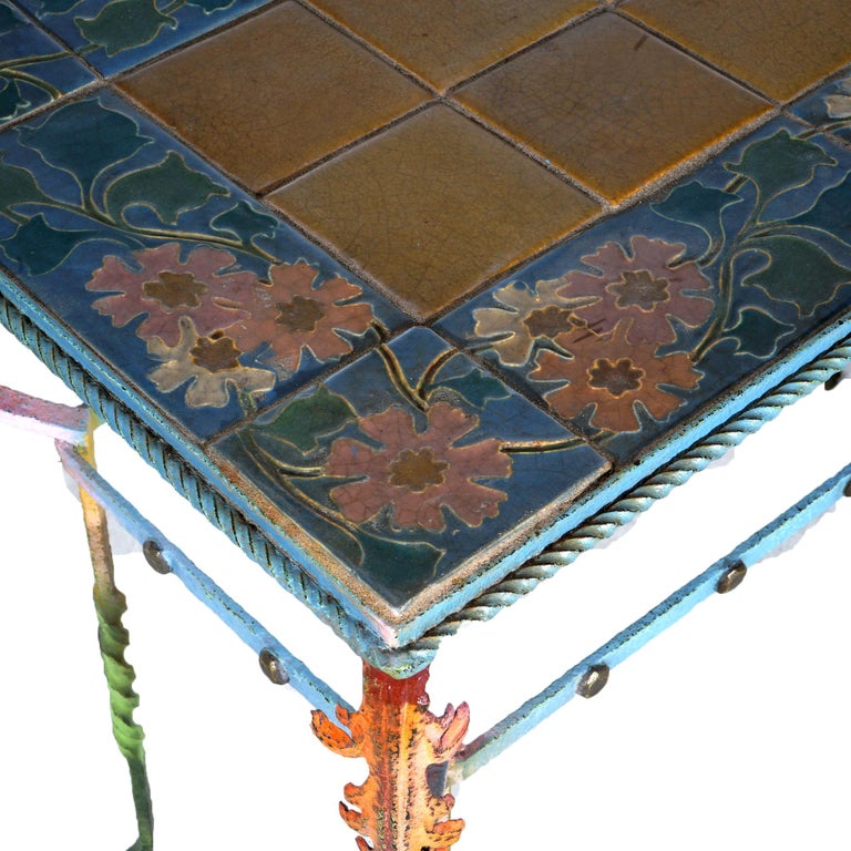 Arts & Crafts Rookwood or Grueby Pottery Tile Top Wrought Iron Table C1910