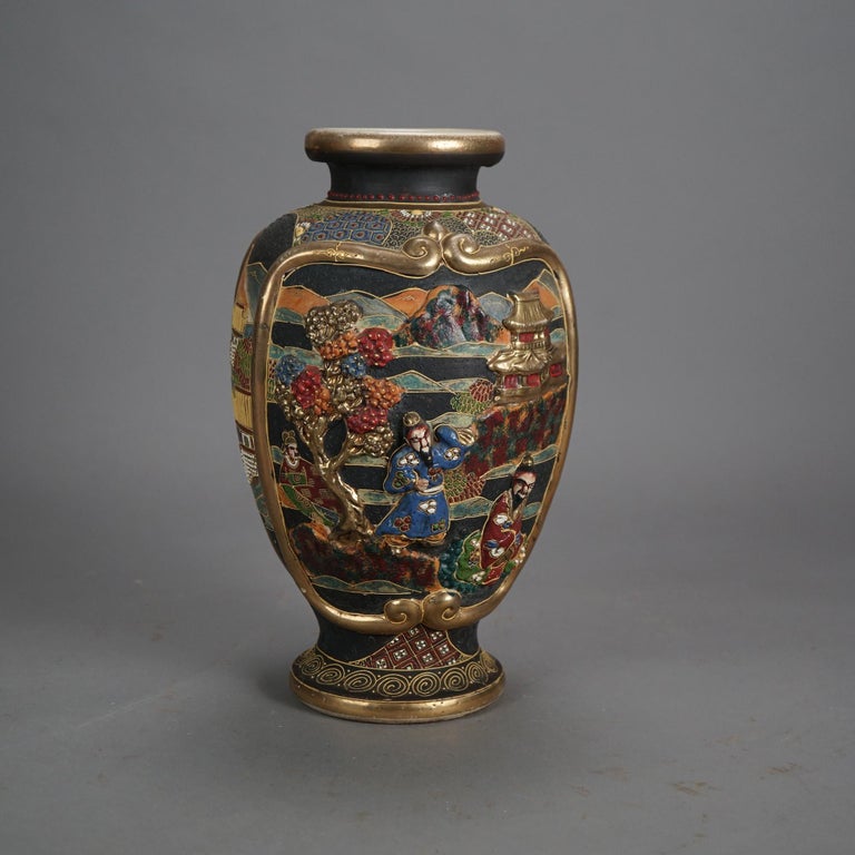 Antique Japanese Satsuma Gilt & Embossed Figural Pottery Vase C1930