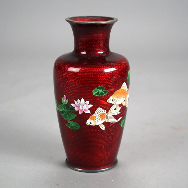 Antique Japanese Cloisonne Enameled Vase with Koi Fish Decoration C1930