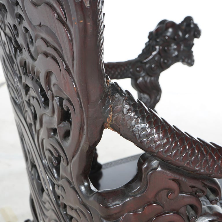 Antique Chinese Deeply Carved Rosewood Figural Queen Chair with Dragons C1920