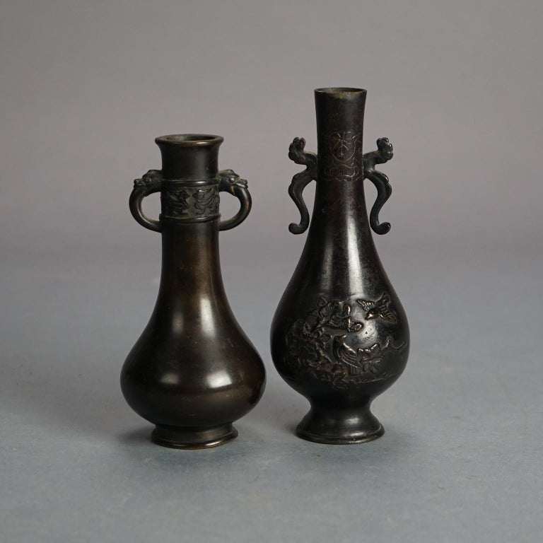 Pair of Antique Japanese Meiji Double Handled Cast Bronze Vases C1920