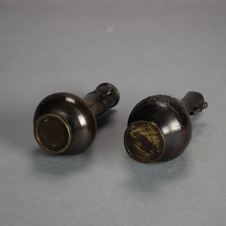 Pair of Antique Japanese Meiji Double Handled Cast Bronze Vases C1920