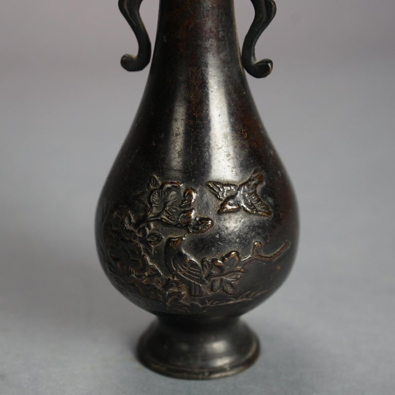 Pair of Antique Japanese Meiji Double Handled Cast Bronze Vases C1920