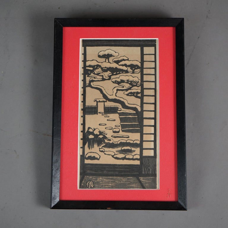 Set of Five Antique Japanese Woodblock Prints, Framed, C1920