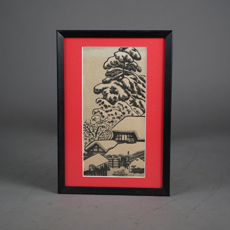 Set of Five Antique Japanese Woodblock Prints, Framed, C1920