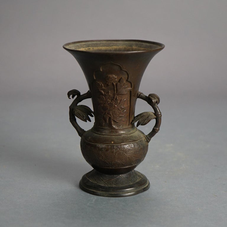 Antique Chinese Cast Bronze Floral Decorated Vase with Branch Form Handles 18thC