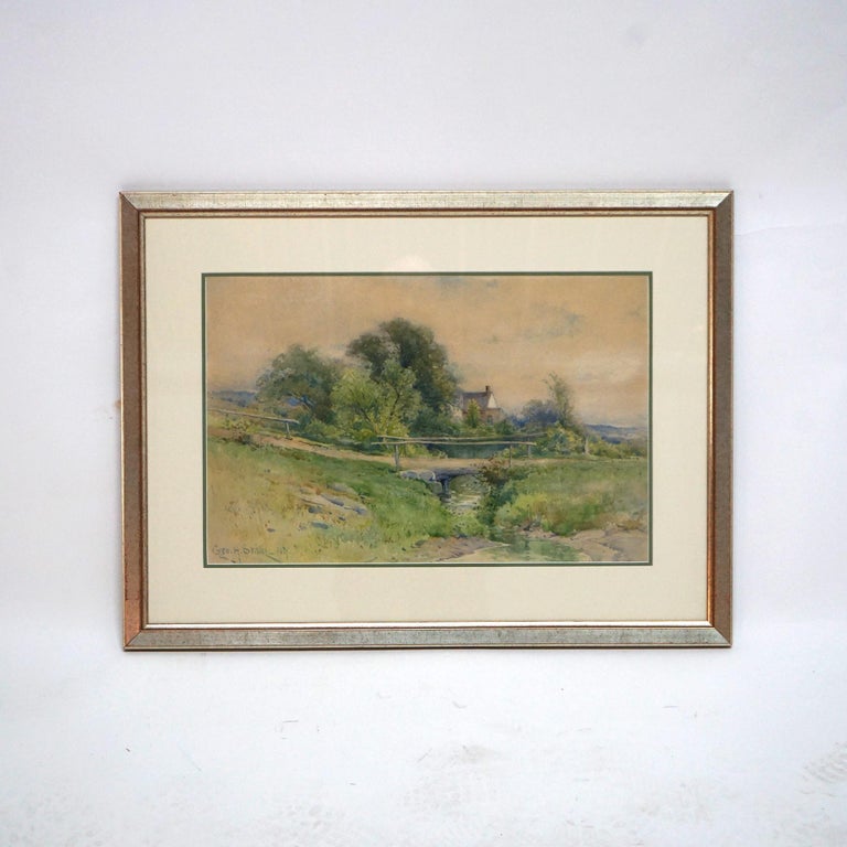 Watercolor Landscape Painting with Country Bridge by G H Smillie, Framed, 20thC