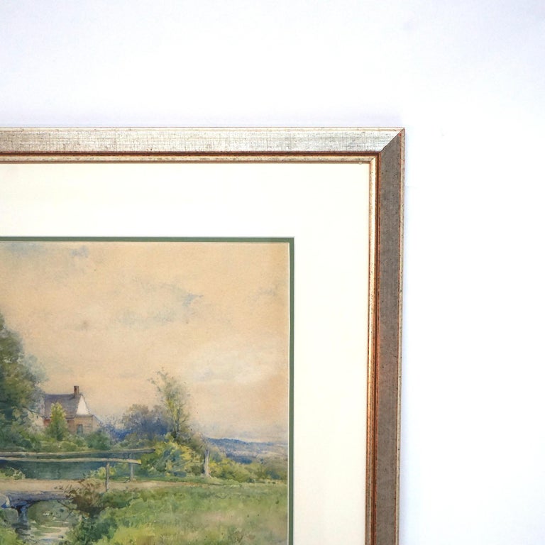 Watercolor Landscape Painting with Country Bridge by G H Smillie, Framed, 20thC