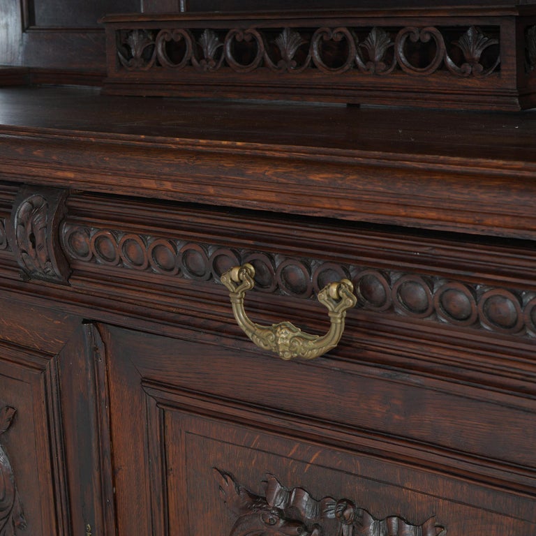 Antique Renaissance Revival Figural Carved Knight & Horse Oak Hunt Board c1890