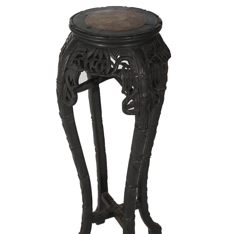 Antique Chinese Tall Carved Hardwood & Rouge Marble Table C1910