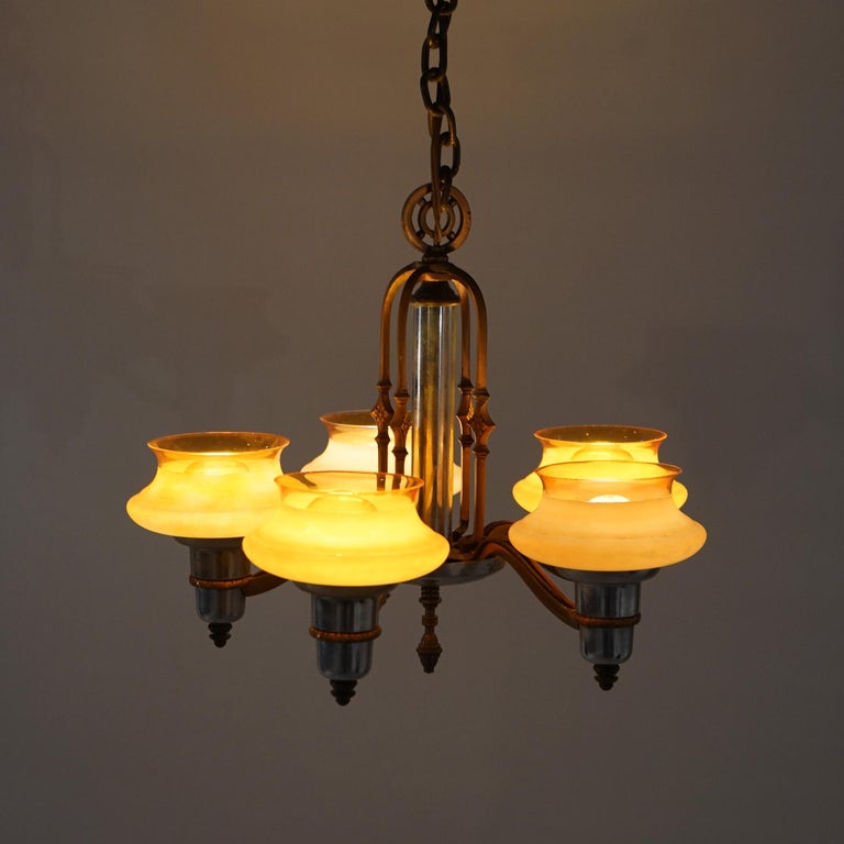Art Deco Chrome & Bronzed Metal Chandelier with Amber Glass Shades C1920