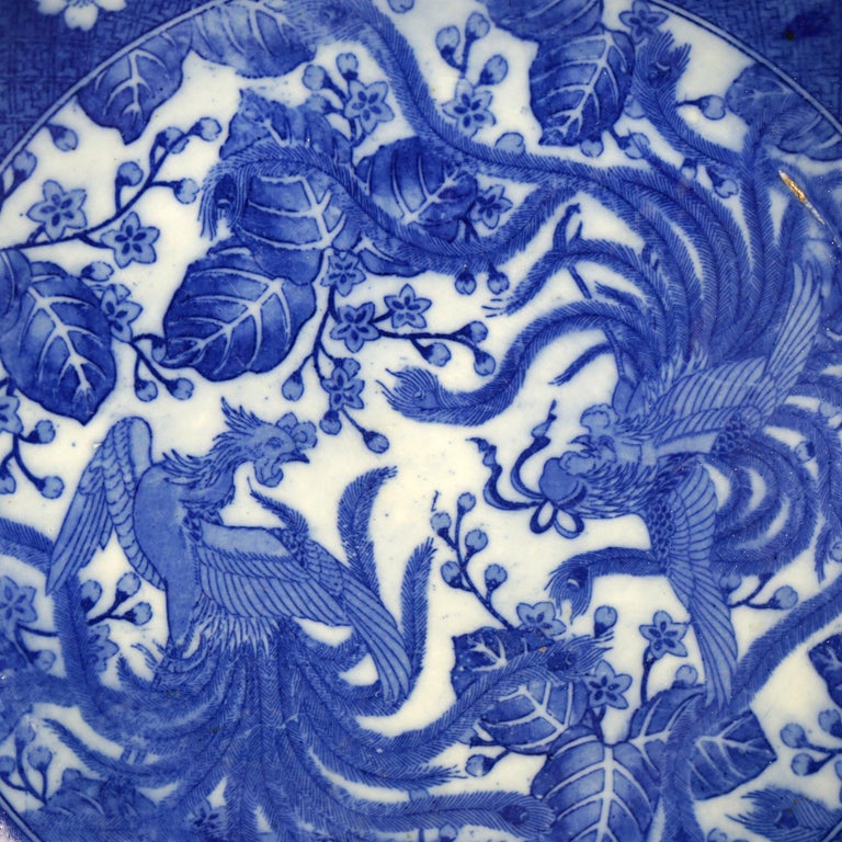 Antique Imari Meiji Blue & White Porcelain Charger with Birds Circa 1910