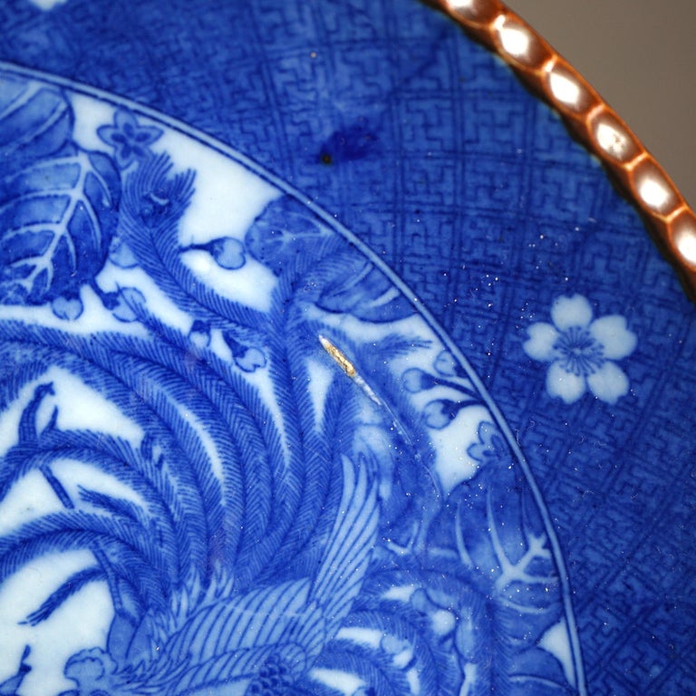 Antique Imari Meiji Blue & White Porcelain Charger with Birds Circa 1910