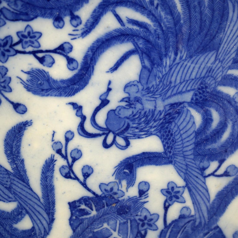 Antique Imari Meiji Blue & White Porcelain Charger with Birds Circa 1910