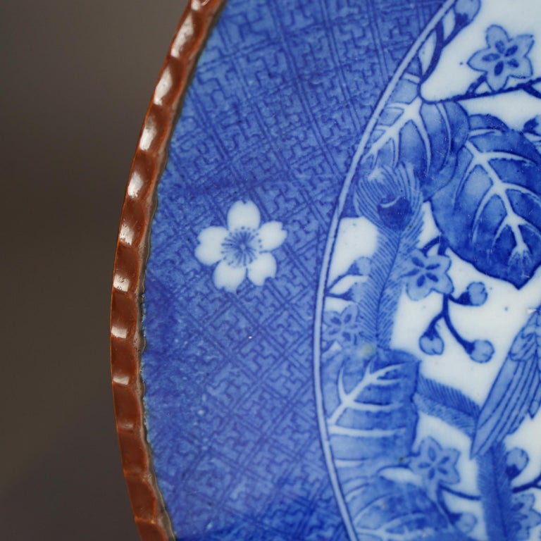 Antique Imari Meiji Blue & White Porcelain Charger with Birds Circa 1910