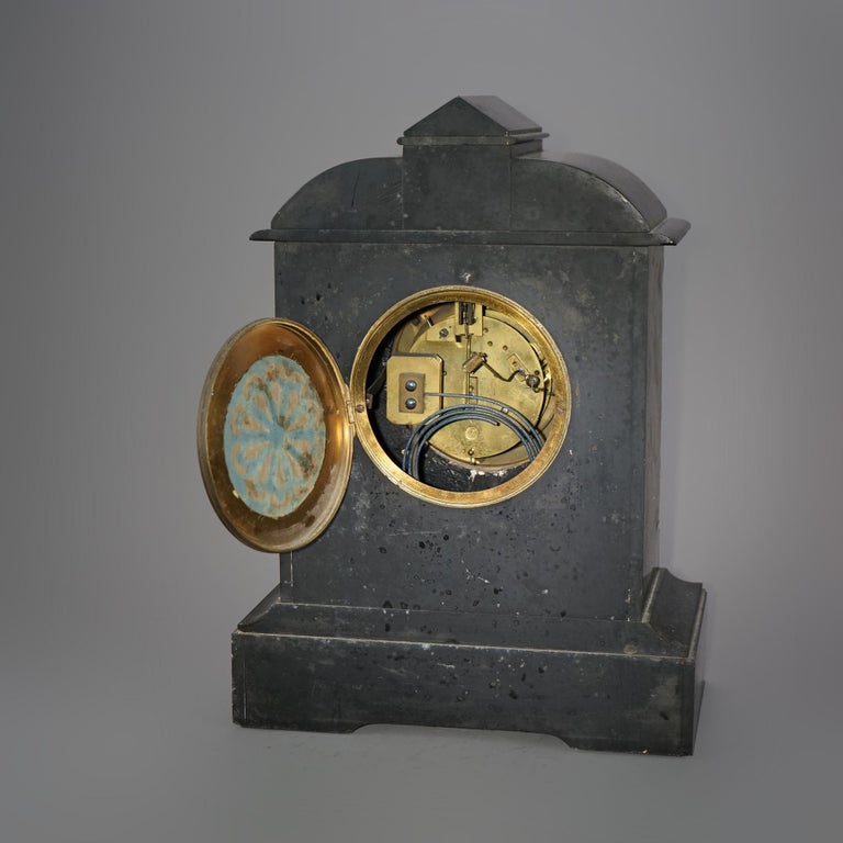 Antique American Empire Slate & Marble Clock with Blue Enamel Open Escapement